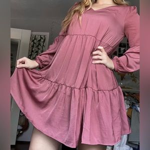 Blush Flowy Tier-Layered Long-Sleeve Dress